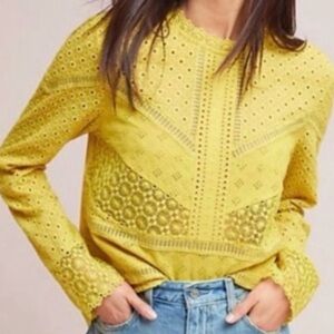 Anthropologie Yellow Eyelet Lace Blouse Size M